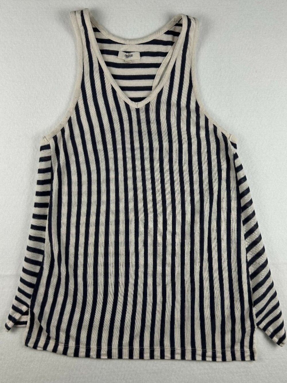 Madewell | Cotton Linen Blend Striped Tank Blue White V Neckline Side Slits, M
